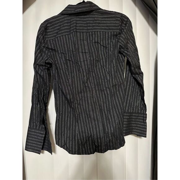 Express Design Studio black with silver stripes button up Womans V-Neck blouse - Picture 4 of 5